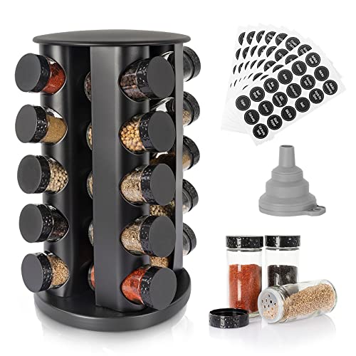Tianifa Black Countertop Rotating Spice Rack, Round Empty 20-Jars Revolving Spice Rack Organizer, 135 Spice Labels with Funnel Complete Set, for Kitchen Countertop, Cabinet - Image 1