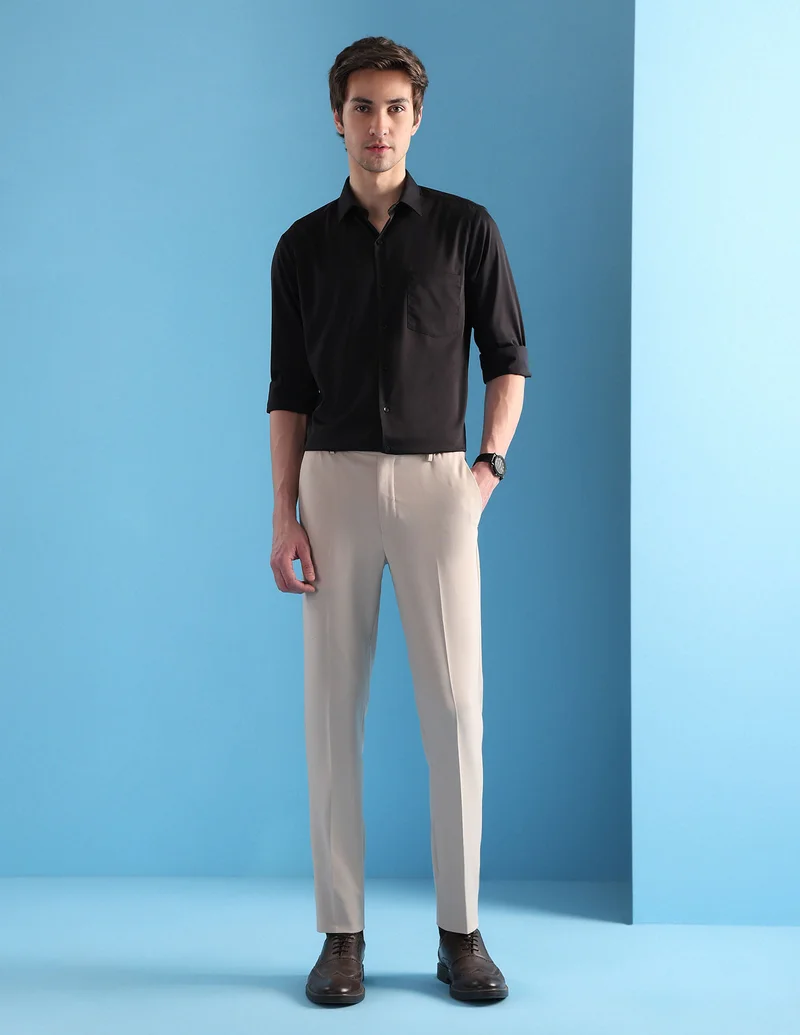 Arrow Beige Mid Rise Slim Fit Velocity Trousers for Men | Best Price UAE