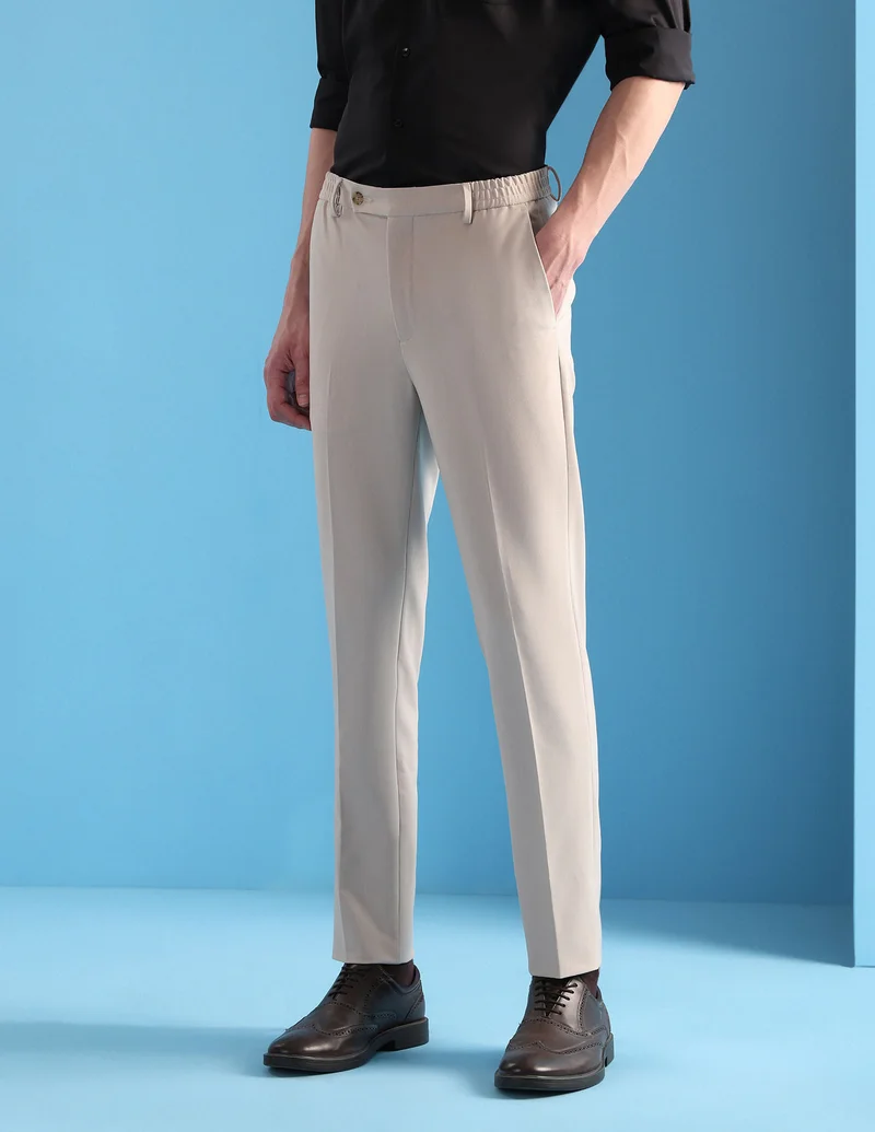 Arrow Beige Mid Rise Slim Fit Velocity Trousers for Men | Best Price UAE