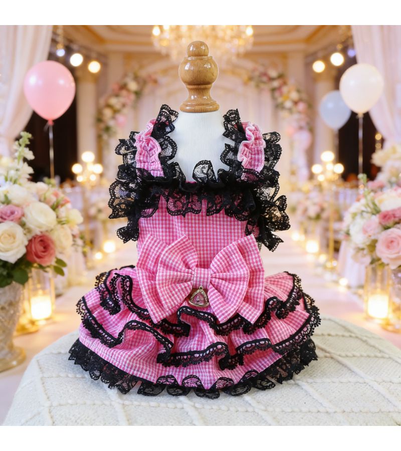 Pink Lace Ruffled Bow Princess Dress Dog Ballet Skirt For Small Puppies And Cats XS - Image 1