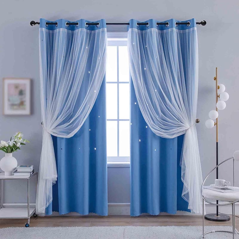ANYTIME Girls Curtains for Bedroom Star Hollow Out Blackout Curtains for Kids Room Decor Double Layer Star Cut Out Window Curtains (2 Panel,W52 x L84,Blue) - Image 1