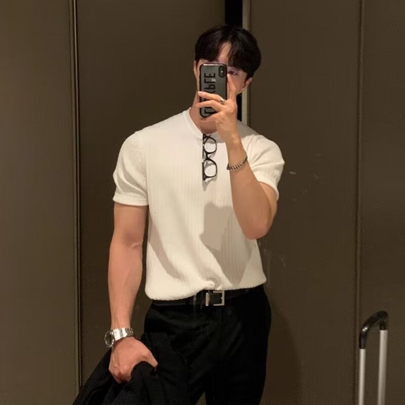 Striped Short-Sleeved Sweater Summer Explosions 2024 Men'S Casual Solid Color Trendy T-Shirt Shrimp - Image 1