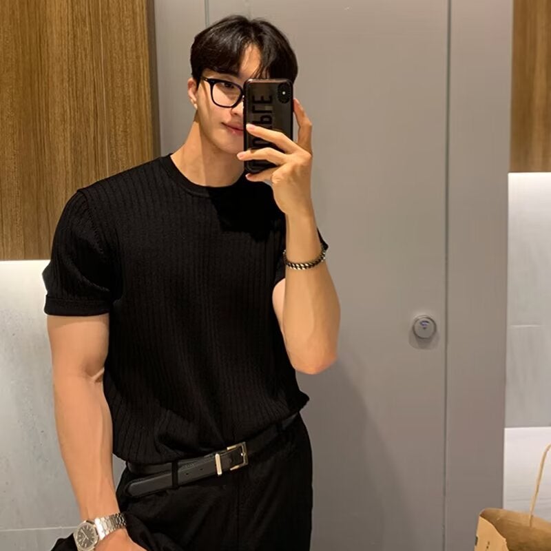 Striped Short-Sleeved Sweater Summer Explosions 2024 Men'S Casual Solid Color Trendy T-Shirt Shrimp - Image 2