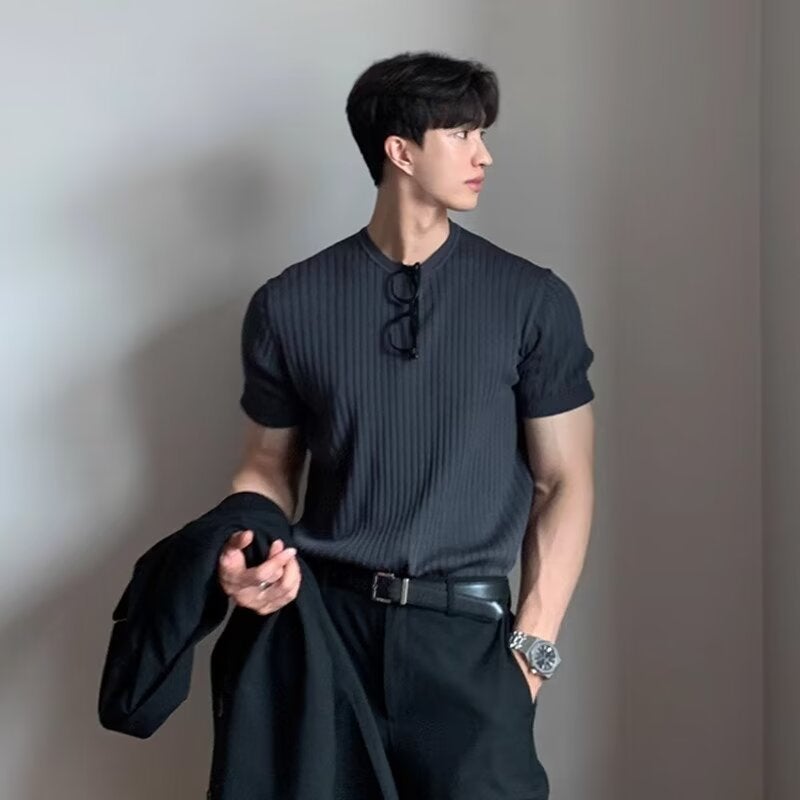 Striped Short-Sleeved Sweater Summer Explosions 2024 Men'S Casual Solid Color Trendy T-Shirt Shrimp - Image 4