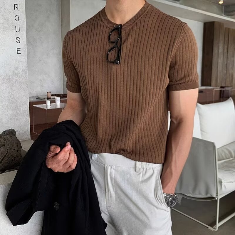 Striped Short-Sleeved Sweater Summer Explosions 2024 Men'S Casual Solid Color Trendy T-Shirt Shrimp - Image 3