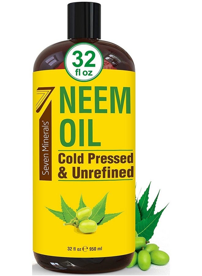 Seven Minerals Seven Minerals Pure Cold Pressed Neem Oil - Big 32 fl oz Bottle - Non-GMO, Hexane Free, 100% Pure Neem Oil for Plants Spray, Skincare, & Haircare. Treats Dry Skin, Wrinkles, & Promotes Hair Growth  - Image 1