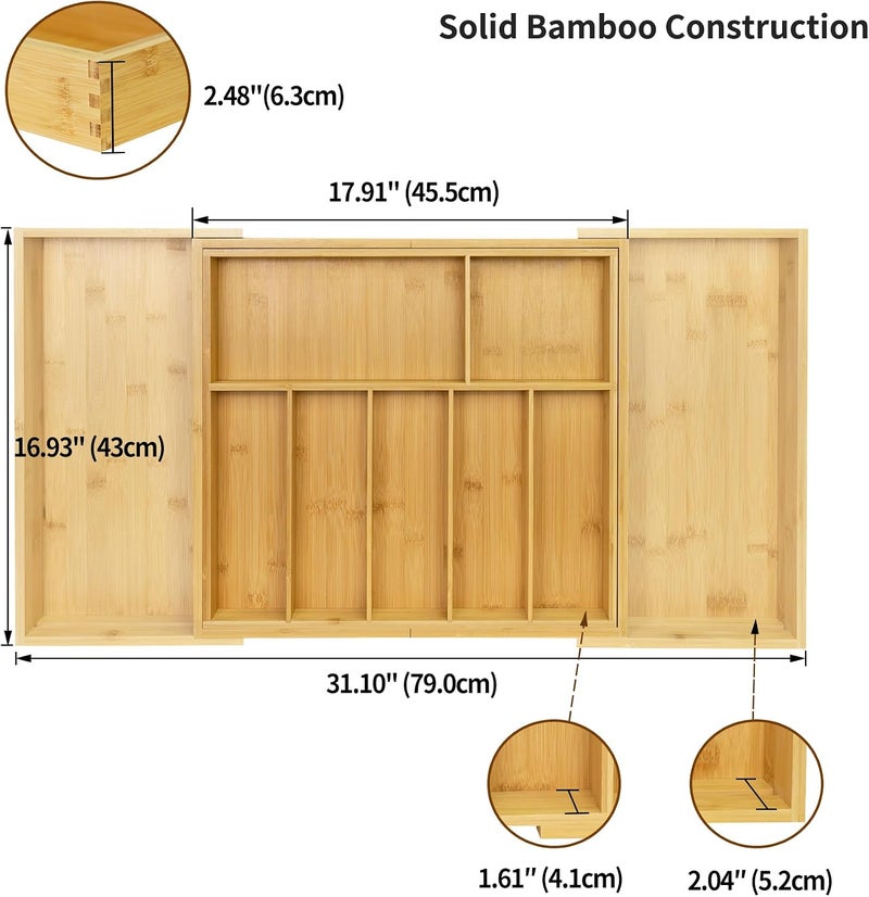 Utoplike Extra Large Kitchen Drawer Organizer, Expandable Bamboo Drawer Holder for Utensils, Silverware, Flatware, 7-9 Slots Cutlery Tray - Image 3