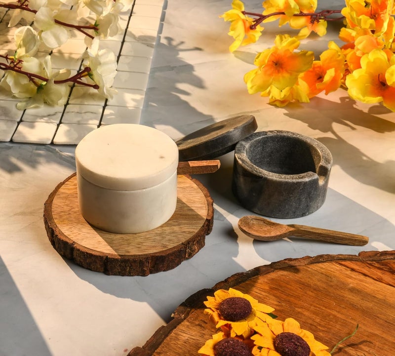 Cruiser’s Cache Cruiser’s Caché | Set of 2 Marble Salt Cellars with Spoons | One Each White & Gray | For Gourmet Salts, Pepper, Spices & Seasonings | Small Round Lidded - Image 5
