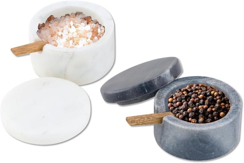 Cruiser’s Cache Cruiser’s Caché | Set of 2 Marble Salt Cellars with Spoons | One Each White & Gray | For Gourmet Salts, Pepper, Spices & Seasonings | Small Round Lidded - Image 3