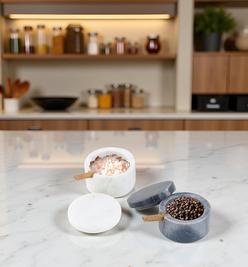 Cruiser’s Cache Cruiser’s Caché | Set of 2 Marble Salt Cellars with Spoons | One Each White & Gray | For Gourmet Salts, Pepper, Spices & Seasonings | Small Round Lidded - Image 4