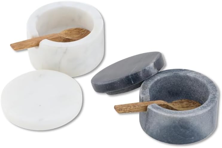 Cruiser’s Cache Cruiser’s Caché | Set of 2 Marble Salt Cellars with Spoons | One Each White & Gray | For Gourmet Salts, Pepper, Spices & Seasonings | Small Round Lidded - Image 1