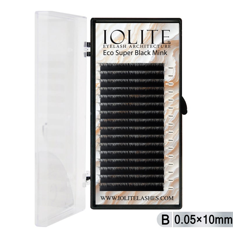 Iolite Super Black Mink Lash Extensions – B Curl 0.05T Mix (6mm–15mm) | Premium Black Mink Eyelash Extension Tray for Lash Artists ISBMB5T - 10MM