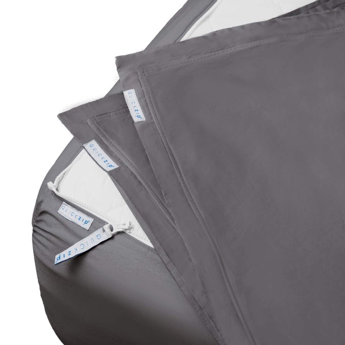 FITTED PLUS SPARE BUNDLE 1 FITTED SHEET BASE ZIP SHEET 1 ZIP SHEET EASY TO CHANGE WONT POP OFF SOFT SATEEN 400 TC 100 COTTON 16 DEEP POCKETS QUEEN SIZE SHEETS SLATE GRAY