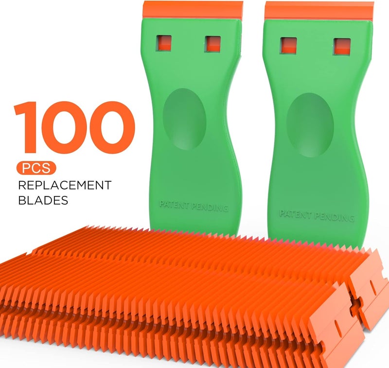 HELEMAN Plastic Razor Blades Scraper Tool - 2 Pack Wall Paint Remover with 100 PCS Blades Kit No Scratch Car Window Glass Wood Sticker Removal Floor Stove Kitchen Vinyl Adhesive Decal Tape Cleaning - Image 4