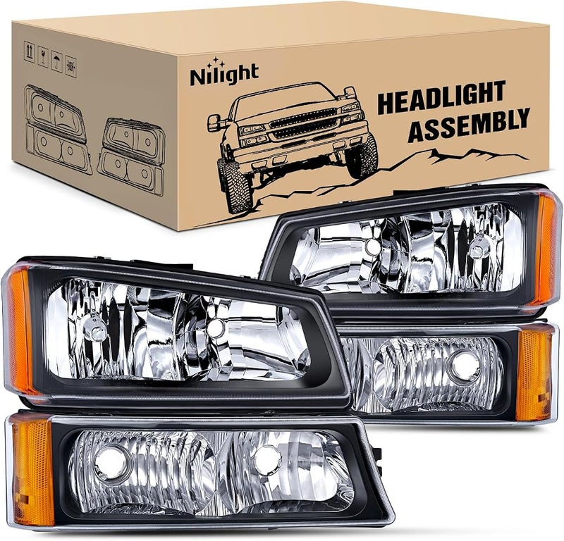 Nilight Headlight Assembly for 2003 2004 2005 2006 Chevy Silverado Avalanche 1500 1500HD 2500 2500HD 3500 Chevrolet Pickup Replacement Headlamp Housing Bumper Lamp Set - Image 1
