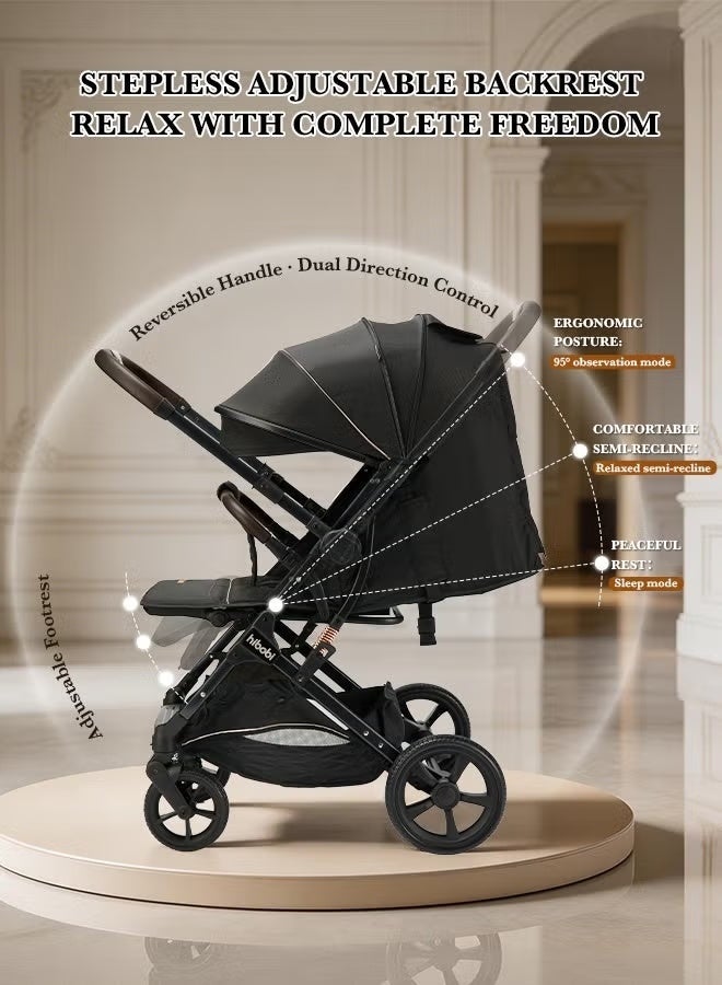 hibobi 3-in-1 Lightweight Premium Baby Stroller | Reversible Seat, One-Click Fold, All-Terrain Wheels & Sun Protection Canopy | Compact Travel Carriage for Newborns & Toddlers (0-3 Years, Up to 25kg) - Black - Image 3