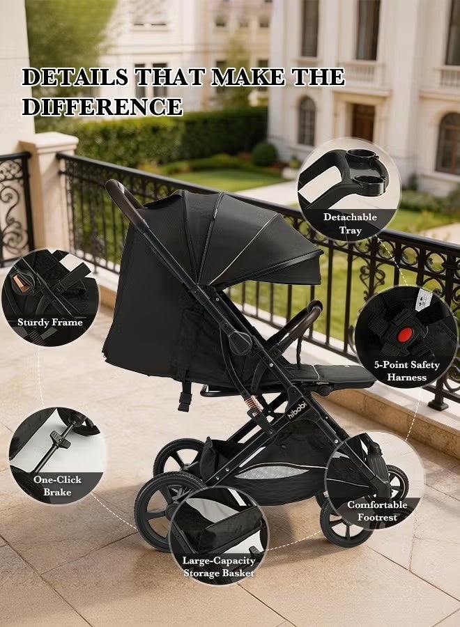 hibobi 3-in-1 Lightweight Premium Baby Stroller | Reversible Seat, One-Click Fold, All-Terrain Wheels & Sun Protection Canopy | Compact Travel Carriage for Newborns & Toddlers (0-3 Years, Up to 25kg) - Black - Image 4