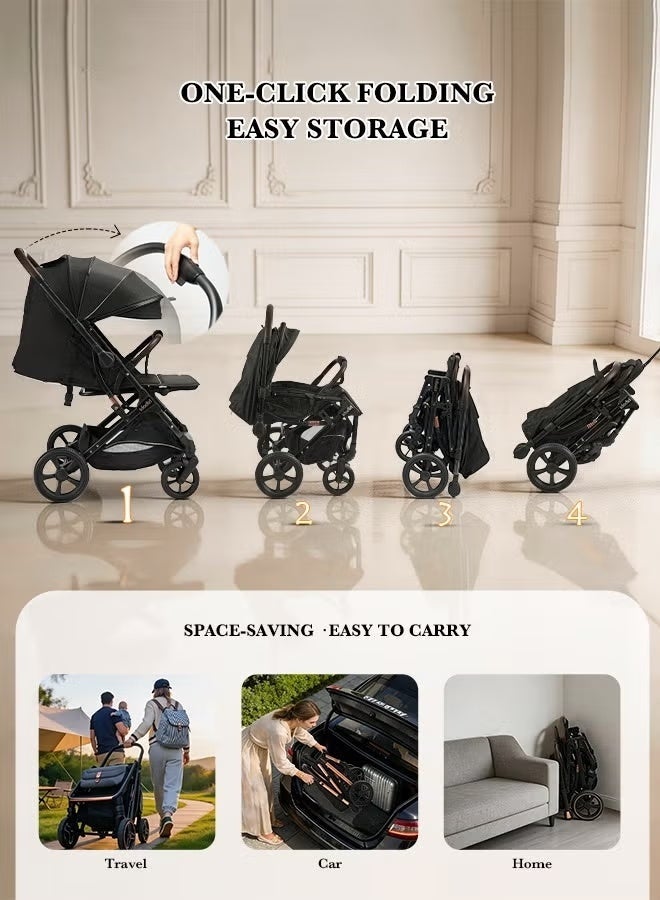 hibobi 3-in-1 Lightweight Premium Baby Stroller | Reversible Seat, One-Click Fold, All-Terrain Wheels & Sun Protection Canopy | Compact Travel Carriage for Newborns & Toddlers (0-3 Years, Up to 25kg) - Black - Image 2