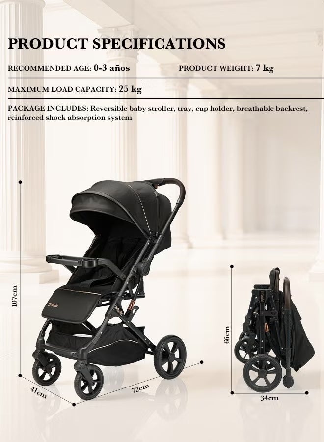 hibobi 3-in-1 Lightweight Premium Baby Stroller | Reversible Seat, One-Click Fold, All-Terrain Wheels & Sun Protection Canopy | Compact Travel Carriage for Newborns & Toddlers (0-3 Years, Up to 25kg) - Black - Image 5