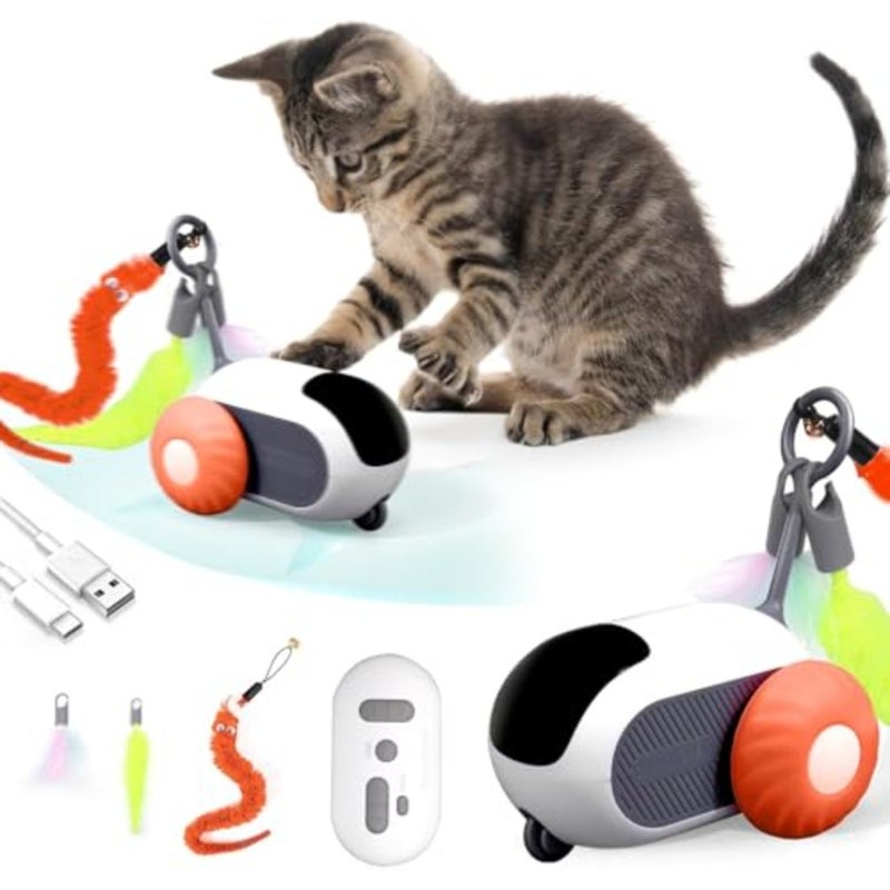 3.0 Upgraded Cat Interactive Toy with 2-Speed Adjustment, Remote Control Cat Enrichment Toys, Automatic Toys with Feathers, Moving Smart Cats Toy Car for Indoor, USB Rechargeable Orange - Image 1