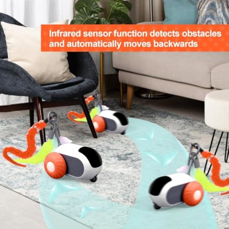 3.0 Upgraded Cat Interactive Toy with 2-Speed Adjustment, Remote Control Cat Enrichment Toys, Automatic Toys with Feathers, Moving Smart Cats Toy Car for Indoor, USB Rechargeable Orange - Image 5