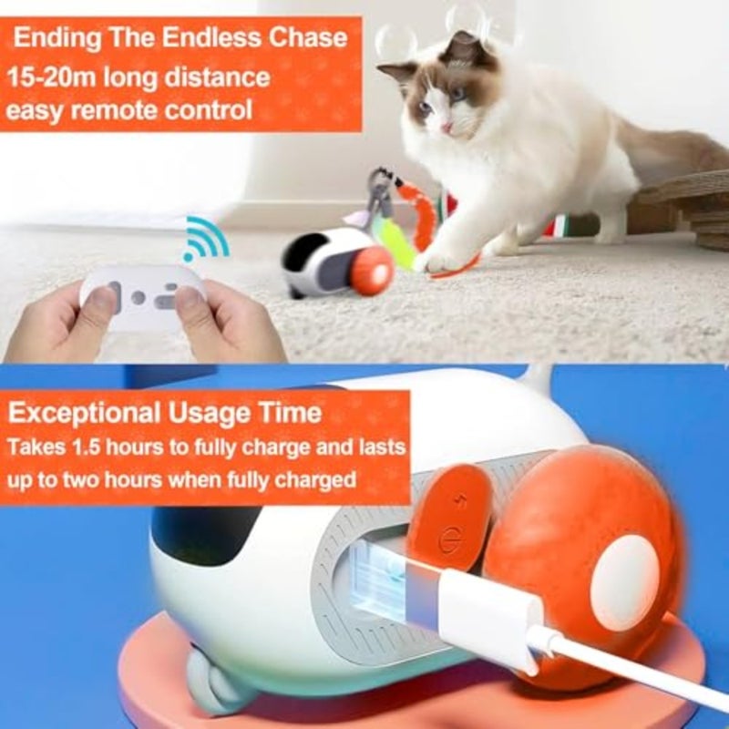 3.0 Upgraded Cat Interactive Toy with 2-Speed Adjustment, Remote Control Cat Enrichment Toys, Automatic Toys with Feathers, Moving Smart Cats Toy Car for Indoor, USB Rechargeable Orange - Image 4