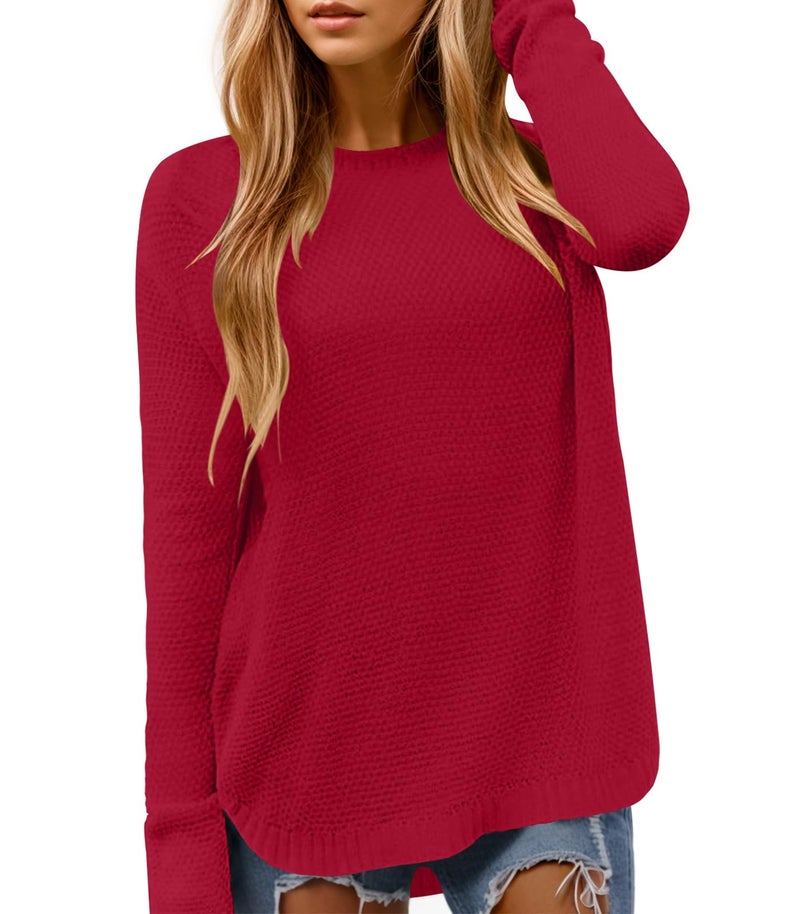 DB MOON Women Red Pullover Sweater 2026 Crewneck Loose Fit Soft and Stretchy Solid Sweaters for Women L - Image 1