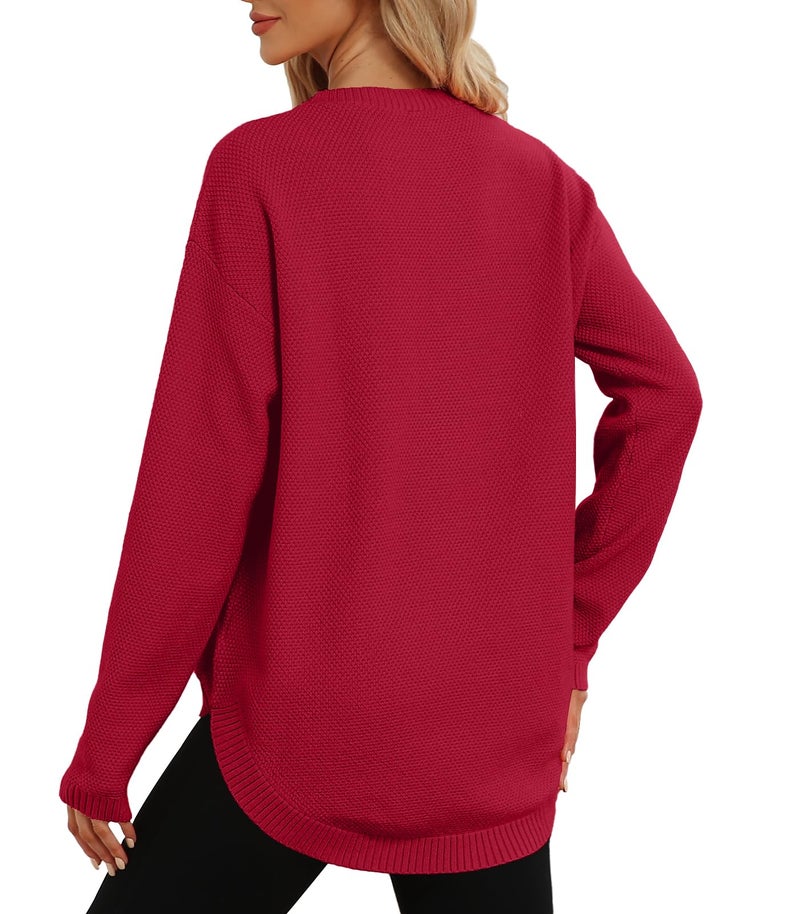 DB MOON Women Red Pullover Sweater 2026 Crewneck Loose Fit Soft and Stretchy Solid Sweaters for Women L - Image 3
