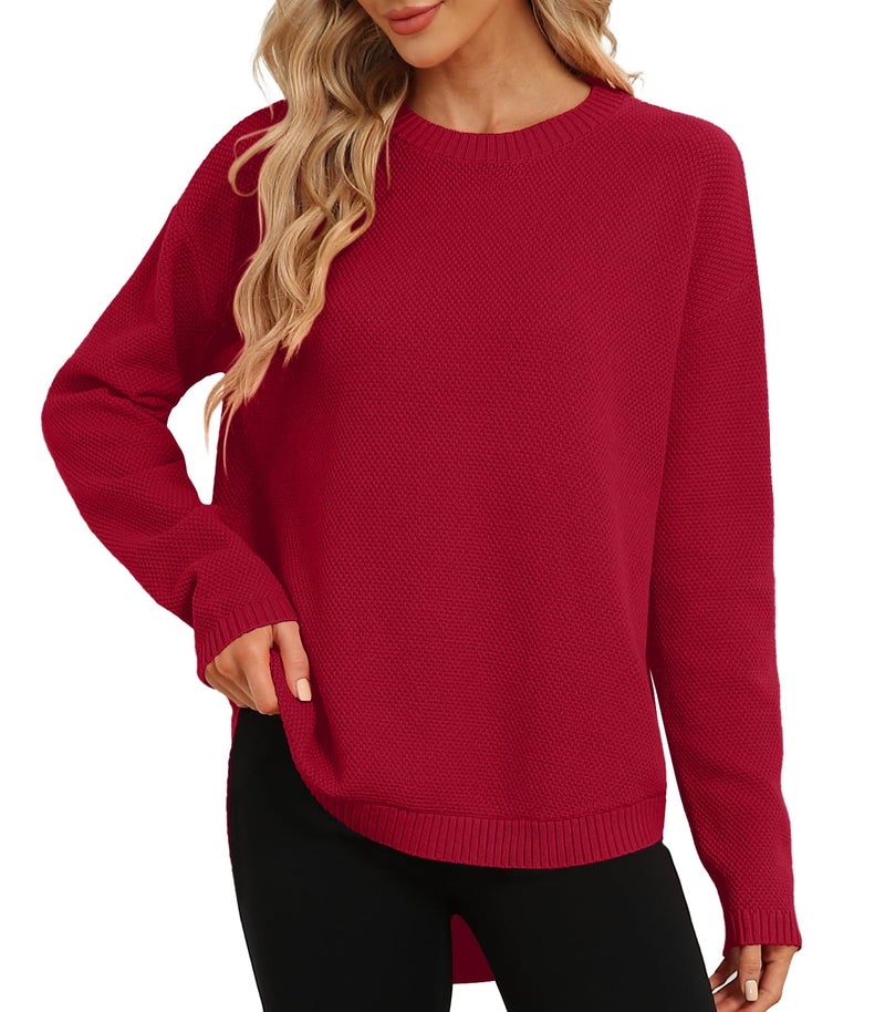 DB MOON Women Red Pullover Sweater 2026 Crewneck Loose Fit Soft and Stretchy Solid Sweaters for Women L - Image 2