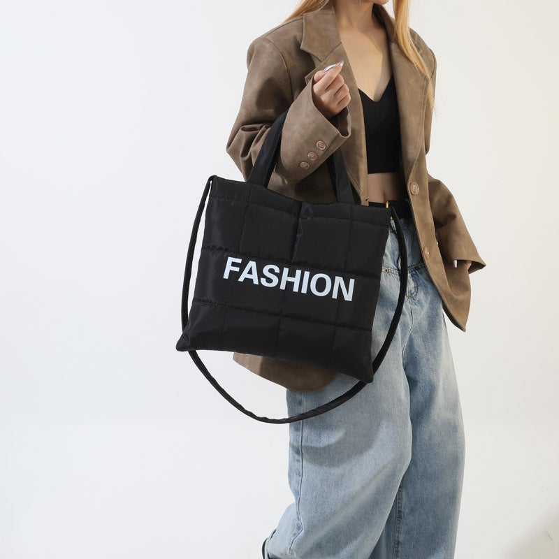 Women'S Large-Capacity Cotton-Padded Bag For Commuting New Trendy Western Style Casual Letter Shoulder Portable Crossbody Tote Bag - Image 3