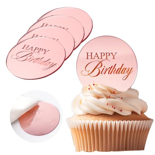 Wolpark 20pcs Pink Mirror Acrylic Cupcake Toppers Acrylic Engraved Cake Picks Cupcake Disc Happy Birthday Cake Decoration Flower Decor Round Shape for Mothers Day Princess Theme Party Supplies - Image 1