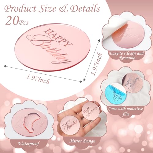 Wolpark 20pcs Pink Mirror Acrylic Cupcake Toppers Acrylic Engraved Cake Picks Cupcake Disc Happy Birthday Cake Decoration Flower Decor Round Shape for Mothers Day Princess Theme Party Supplies - Image 5
