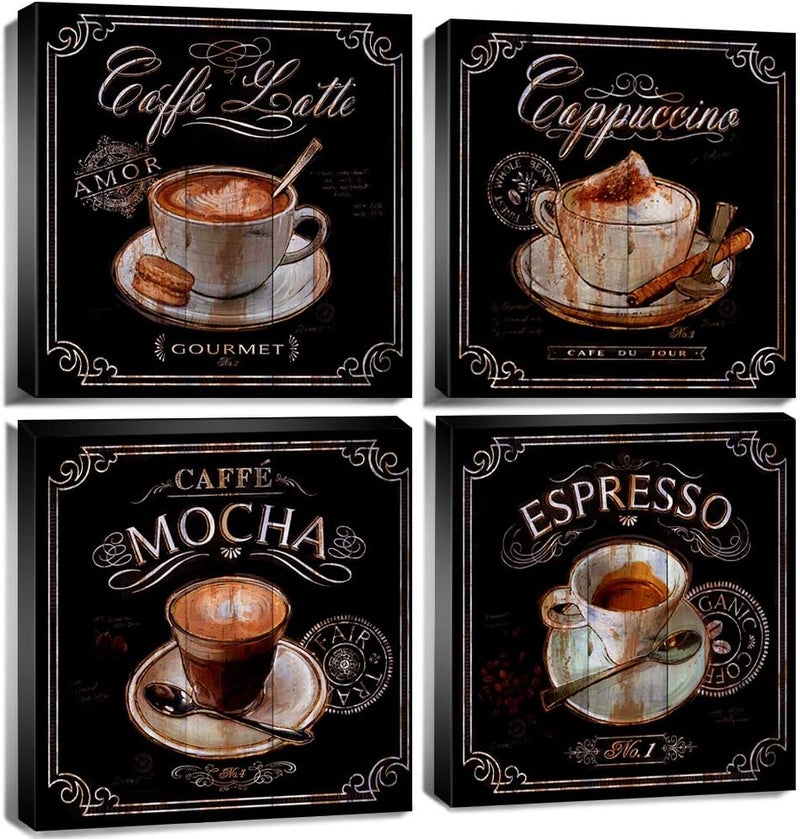ARS Coffee Decor Kitchen Wall Art Canvas Prints Coffee Cup Latte Mocha Cafe Drinking Pictures Brown 4 Panel Modern Artwork for Dining Room Restaurant Bar Decorations 12"Wx12"Hx4 Framed Ready to Hang - Image 1