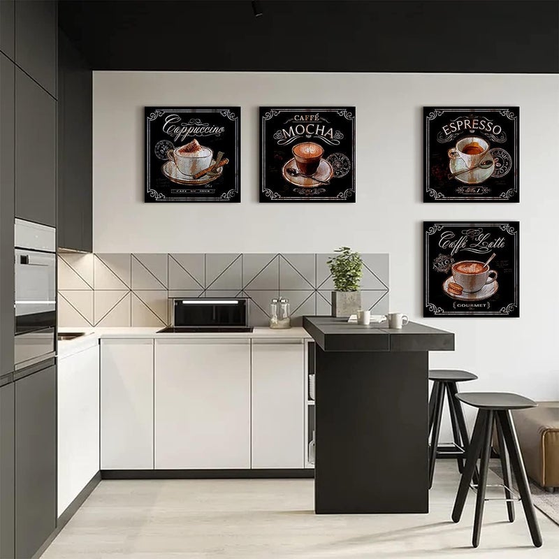 ARS Coffee Decor Kitchen Wall Art Canvas Prints Coffee Cup Latte Mocha Cafe Drinking Pictures Brown 4 Panel Modern Artwork for Dining Room Restaurant Bar Decorations 12"Wx12"Hx4 Framed Ready to Hang - Image 2