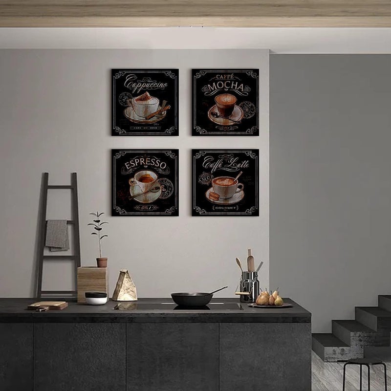 ARS Coffee Decor Kitchen Wall Art Canvas Prints Coffee Cup Latte Mocha Cafe Drinking Pictures Brown 4 Panel Modern Artwork for Dining Room Restaurant Bar Decorations 12"Wx12"Hx4 Framed Ready to Hang - Image 3