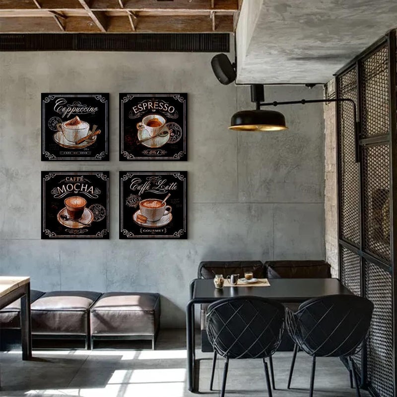 ARS Coffee Decor Kitchen Wall Art Canvas Prints Coffee Cup Latte Mocha Cafe Drinking Pictures Brown 4 Panel Modern Artwork for Dining Room Restaurant Bar Decorations 12"Wx12"Hx4 Framed Ready to Hang - Image 5