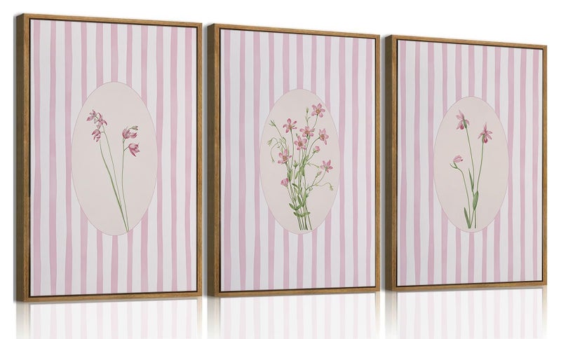 KISSFOX 3 Piece Floral Framed Wall Art Pink Wildflower Canvas Wall Art Flower Pictures Wall Decor Boho Botanical Paintings Poster Prints for Girly Room Bedroom Living Room - Image 1