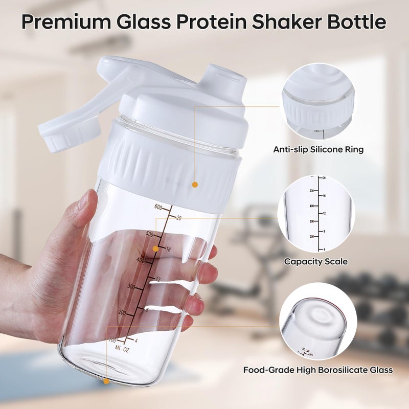 ShakeXpert 24oz Glass Shaker Bottle, Borosilicate Glass Protein Powder Gym Workout Shaker Cup Mixes for Protein Mixes with Blending Ball (B-WHITE, 1) - Image 2