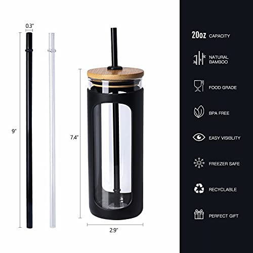 Kodrine 20oz Glass Water Tumbler with Straw and Lid, Bamboo Lids Water Bottle, Iced Coffee Cup Reusable, Wide Mouth Smoothie Cups with Protective Silicone Sleeve BPA FREE-Black - Image 2
