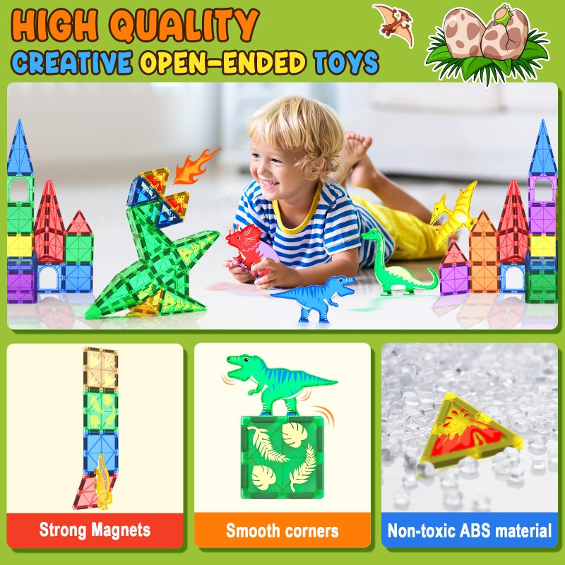 Coodoo Dinosaur Toys Magnetic Tiles - Magnet Building Blocks for Toddler Kids Toys STEM Sensory Outdoor Toys for 3+ Year Old Boys and Girls, Dinosaur World Creative Games Kids Toys - Image 5