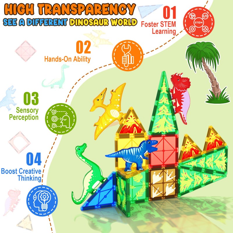 Coodoo Dinosaur Toys Magnetic Tiles - Magnet Building Blocks for Toddler Kids Toys STEM Sensory Outdoor Toys for 3+ Year Old Boys and Girls, Dinosaur World Creative Games Kids Toys - Image 4