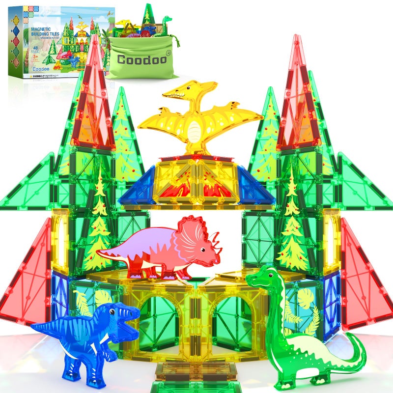 Coodoo Dinosaur Toys Magnetic Tiles - Magnet Building Blocks for Toddler Kids Toys STEM Sensory Outdoor Toys for 3+ Year Old Boys and Girls, Dinosaur World Creative Games Kids Toys - Image 1
