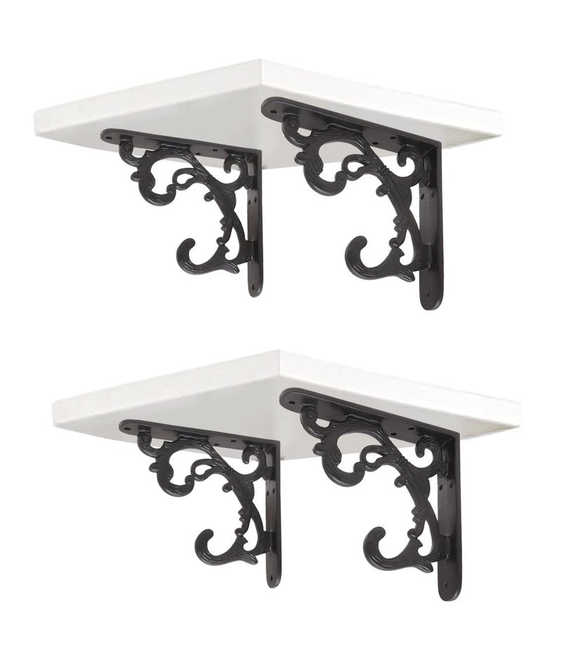 GHAR DWAR Metal Handcrafted Shelf Bracket for Floating Shelves L Angle Decorative L Shaped Corner Brace Joint Heavy Duty Wall Mounted Shelf Supporter Corner Brace Holder (Pack of 4, Black) - Image 1