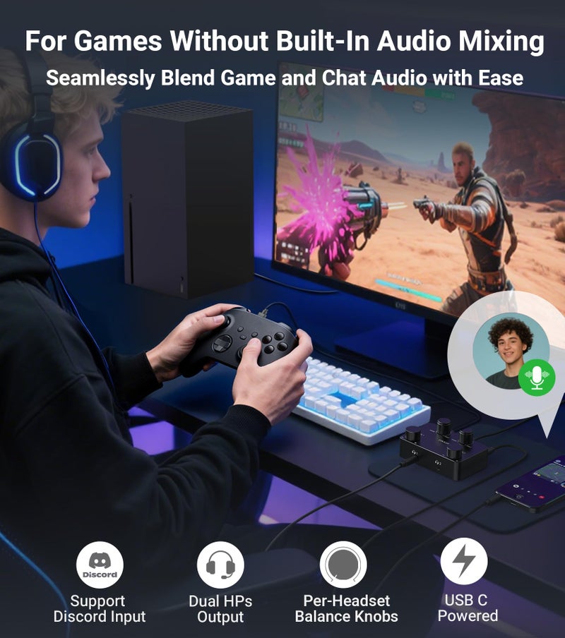 Cubilux AM-J5 Mix Amp for XBOX PC Switch, Discord Game Audio Mixer 2 In 2 Out - Mix Gameplay Audio (Gaming Console/Controller) and Voice Chat, Independent Game/Voice Balance - Image 2