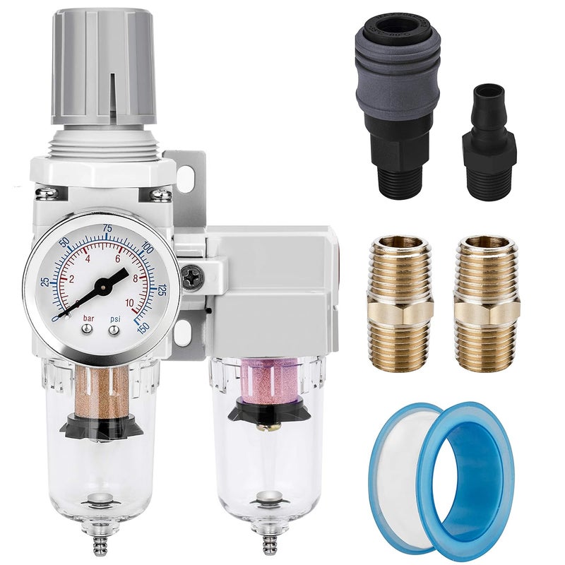 NANPU 1/4" NPT Air Dryer System - 5 Micron Particulate Filter, 0.5 Micron Coalescing Filter & Air Pressure Regulator, Water Trap Separator - Semi-Auto Drain,0-150 psi Gauge, Poly Bowl, Metal Bracket - Image 1