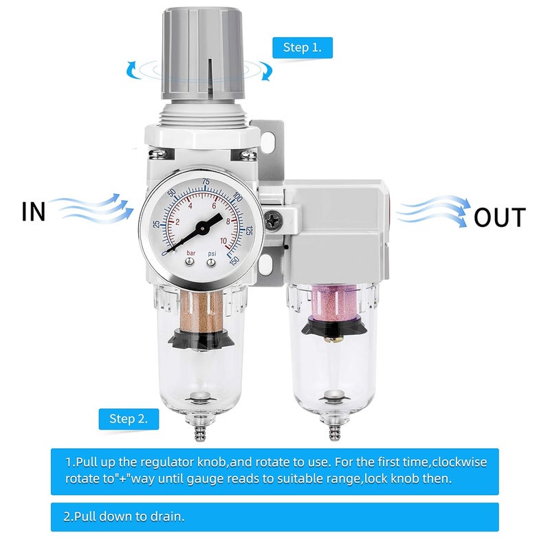 NANPU 1/4" NPT Air Dryer System - 5 Micron Particulate Filter, 0.5 Micron Coalescing Filter & Air Pressure Regulator, Water Trap Separator - Semi-Auto Drain,0-150 psi Gauge, Poly Bowl, Metal Bracket - Image 5