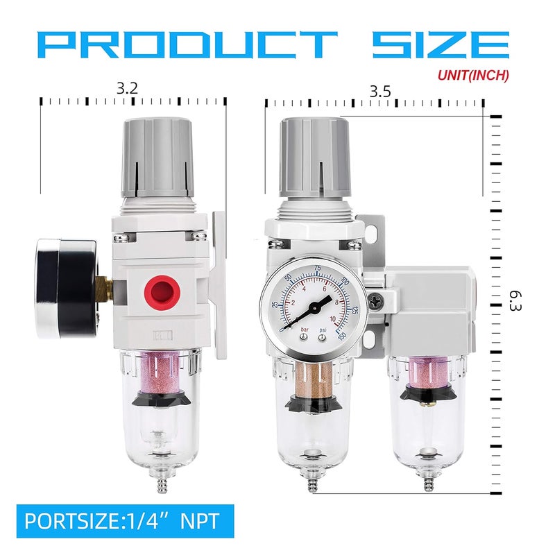 NANPU 1/4" NPT Air Dryer System - 5 Micron Particulate Filter, 0.5 Micron Coalescing Filter & Air Pressure Regulator, Water Trap Separator - Semi-Auto Drain,0-150 psi Gauge, Poly Bowl, Metal Bracket - Image 4