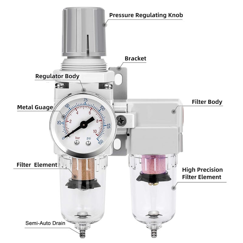 NANPU 1/4" NPT Air Dryer System - 5 Micron Particulate Filter, 0.5 Micron Coalescing Filter & Air Pressure Regulator, Water Trap Separator - Semi-Auto Drain,0-150 psi Gauge, Poly Bowl, Metal Bracket - Image 3
