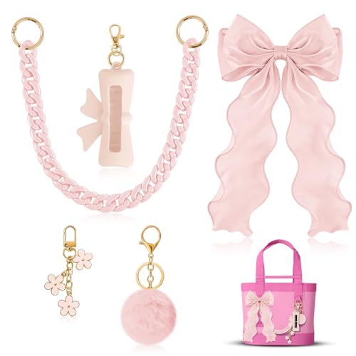 WUQID 5PCS Tote Bag Decor Kit, Decorative Bow, Bow Lipstick Holder, Flower Charm & Acrylic Chain & Pom Pom Ball Bag Charms Compatible with YETI Camino 20/35/50 Carryall, Bogg Bag Accessories for Women - Image 1