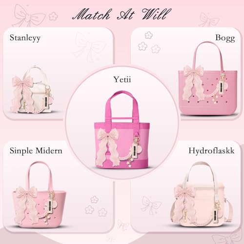 WUQID 5PCS Tote Bag Decor Kit, Decorative Bow, Bow Lipstick Holder, Flower Charm & Acrylic Chain & Pom Pom Ball Bag Charms Compatible with YETI Camino 20/35/50 Carryall, Bogg Bag Accessories for Women - Image 4